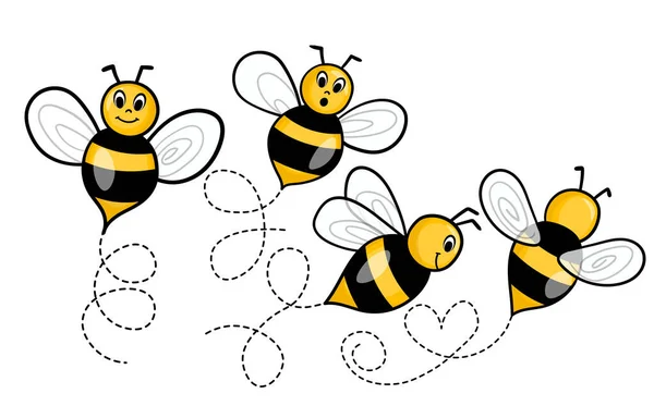 Conjunto de mascota de la abeja de dibujos animados. Abejas volando en una ruta punteada. Colección de avispas. Personajes vectoriales. Icono del incesto. Plantilla de diseño para invitación, tarjetas. Estilo Doodle — Archivo Imágenes Vectoriales