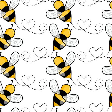 Beyaz arka planda arılar olan kusursuz bir desen. Küçük eşekarısı. Vektör çizimi. Sevimli çizgi film karakteri. Davetiye, kart, tekstil, kumaş için şablon tasarımı. Doodle tarzı