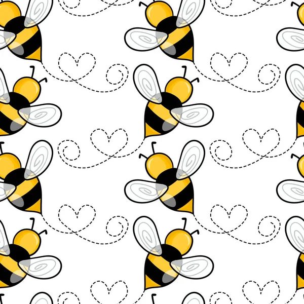Naadloos patroon met bijen op witte achtergrond. Kleine wesp. Vector illustratie. Schattig stripfiguur. Sjabloon ontwerp voor uitnodiging, kaarten, textiel, stof. Doodle stijl — Stockvector