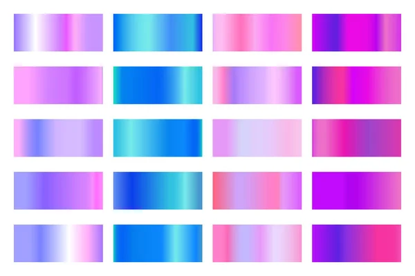 Colección de gradientes metálicos con holograma de colores brillantes. Textura de lámina olográfica, rosa dorada, gradación azul y dorada. Conjunto de vectores para marco, cinta, borde, otro diseño — Vector de stock