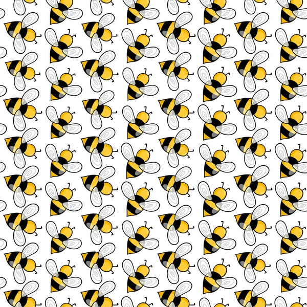Płynny wzór z pszczołami na białym tle. Mała osa. Ilustracja wektora. Urocza postać z kreskówki. Wzór szablonu na zaproszenie, karty, tekstylia, tkaniny. Styl bazgrołów — Wektor stockowy