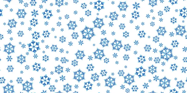 白い背景に青い雪片と冬のシームレスなパターン。布、テキスタイル壁紙、ポスター、ギフト包装紙のためのベクトルイラスト。クリスマスベクトルイラスト。降雪 — ストックベクタ