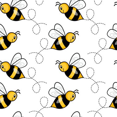 Beyaz arka planda arılar olan kusursuz bir desen. Küçük eşekarısı. Vektör çizimi. Sevimli çizgi film karakteri. Davetiye, kart, tekstil, kumaş için şablon tasarımı. Doodle tarzı