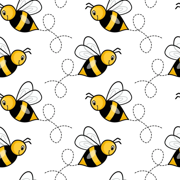 白色背景蜜蜂的无缝图案。小黄蜂。矢量图解。可敬的卡通人物请帖、卡片、纺织品、面料模板设计.涂鸦风格 — 图库矢量图片