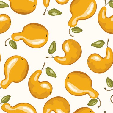 Beyaz zemin üzerinde armut olan kusursuz desen. Doğal lezzetli taze olgun meyveler. Baskı, kumaş, tekstil, pankart ve diğer tasarım için vektör çizimi. Yapraklı stilize armutlar. Yiyecek konsepti