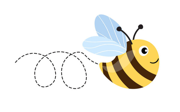 Bee cartoon mascot. A small bees flying on a dotted route. Wasp collection. Vector characters. Incest icon. Template design for invitation, cards. Doodle style