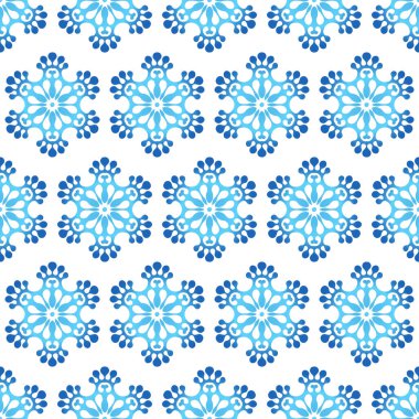 Beyaz zemin üzerinde mavi gradyan kar taneleri olan kışın pürüzsüz deseni. Kumaş, tekstil duvar kağıtları, posterler, hediye ambalaj kağıtları için vektör çizimi. Noel vektör illüstrasyonu