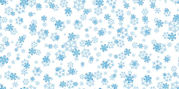白い背景に青い雪片と冬のシームレスなパターン。布、テキスタイル壁紙、ポスター、ギフト包装紙のためのベクトルイラスト。クリスマスベクトルイラスト。降雪 — ストックベクタ