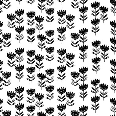 Geleneksel halk sanatları süslerine dayanan kusursuz çiçek desenleri. Beyaz arka planda siyah çiçekler. İskandinav tarzı. İsveç İskandinav tarzı. Kumaş, tekstil, duvar kağıdı için vektör illüstrasyonu.