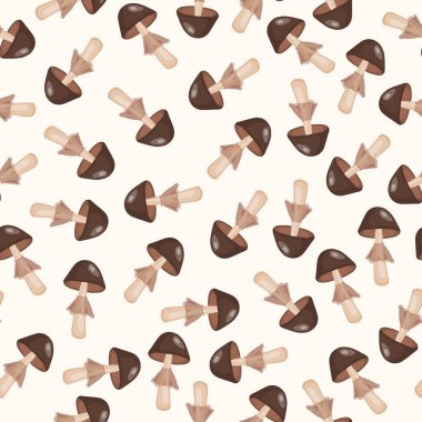 Beyaz arka planda mantarlı kusursuz desen. Tatlı peri mantarı. Ambalaj, afiş, kart, kumaş ve diğer tasarım için modern vektör illüstrasyonu. Yiyecek konsepti