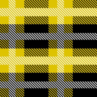 Sarı ve siyah İskoçya tekstil desenleri. Kumaş dokusu tartan ekoseli. Kumaş, kart ve kumaş için soyut geometrik arkaplan. Monokrom tekrarlayan tasarım. Modern kare süs