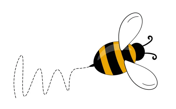 Comic-Bienen-Maskottchen. Eine kleine Biene fliegt auf einer punktierten Route. Wespensammlung. Vektorzeichen. Inzest-Symbol. Vorlage für Einladungen, Karten. Doodle-Stil — Stockvektor