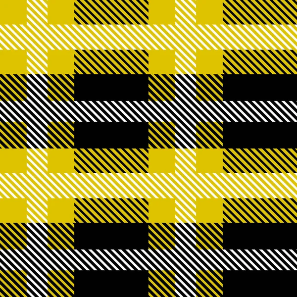 黄色と黒のスコットランドの繊維シームレスなパターン。生地のテクスチャチェックタータンを再生しました。布、カード、布の抽象幾何学的背景。モノクロームの繰り返しデザイン。現代の正方形の装飾 — ストックベクタ