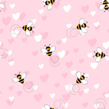 Seamless pattern with bees and hearts on color background. Small wasp. Vector illustration. Adorable cartoon character. Template design for invitation, cards, textile, fabric. Doodle style clipart