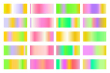 Parlak renkli hologramı olan metalik gradyan koleksiyonu. Holografik folyo dokusu, altın gül, mavi ve altın oyma. Çerçeve, kurdele, sınır, diğer tasarım için vektör ayarlandı