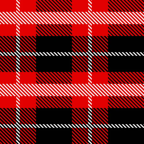 Modello senza cuciture tessile scozzese rosso e nero. Tessuto tartan plaid check texture. Sfondo geometrico astratto per stoffa, carta, tessuto. Design monocromatico a ripetizione. Moderno ornamento quadrato — Vettoriale Stock