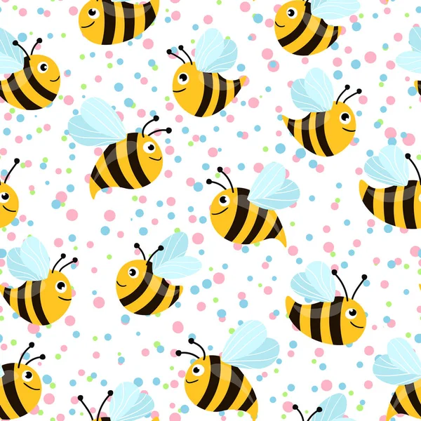 Modèle sans couture avec des abeilles sur fond à pois blancs. Petite guêpe. Illustration vectorielle. Adorable personnage de dessin animé. Modèle de conception pour invitation, cartes, textile, tissu. Style caniche — Image vectorielle