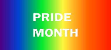 Gökkuşağı arka planında gurur dolu bir ay. LGBT bayrağı. Şablon tasarımı, vektör çizimi. Aşk kazanır. Renkli semboller. Eşcinsel gurur koleksiyonu. Pankart