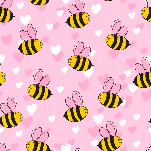 Nahtloses Muster mit Bienen und Herzen auf farbigem Hintergrund. Kleine Wespe. Vektorillustration. Entzückende Zeichentrickfigur. Muster für Einladungen, Karten, Textilien, Stoff. Doodle-Stil — Stockvektor