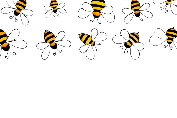 Kreskówkowa maskotka pszczół. Wesoła pszczoła z pustym stołem. Mała osa. Postać wektora. Ikona owadów. Projekt szablonu wakacyjnego na zaproszenie, karty, tapety, szkoła, przedszkole. Przestrzeń kopiowania — Wektor stockowy