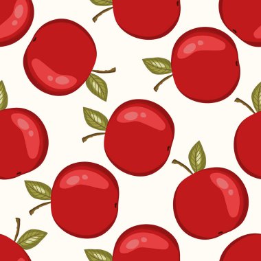 Beyaz arka planda elmalı kusursuz desen. Doğal lezzetli taze lezzetli meyve. Baskı, kumaş, tekstil, pankart ve diğer tasarım için vektör çizimi. Yapraklı elmalar. Yiyecek konsepti