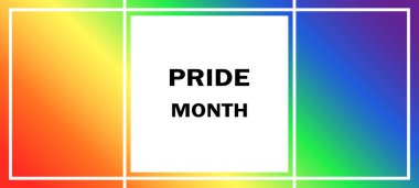 Gökkuşağı arka planında gurur dolu bir ay. LGBT bayrağı. Şablon tasarımı, vektör çizimi. Aşk kazanır. Renkli semboller. Eşcinsel gurur koleksiyonu. Pankart