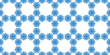 Beyaz zemin üzerinde mavi kar taneleri olan kışın pürüzsüz deseni. Kumaş, tekstil duvar kağıtları, posterler, hediye ambalaj kağıtları için vektör çizimi. Noel vektör illüstrasyonu. Yağan kar