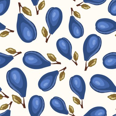 Beyaz arka planda erik olan pürüzsüz bir desen. Doğal lezzetli taze olgun meyveler. Baskı, kumaş, tekstil, pankart ve diğer tasarım için vektör çizimi. İzinli stilize erikler. Yiyecek konsepti.