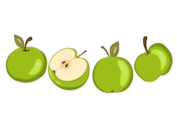 Apple ikona zestaw izolowany na białym tle. Naturalne pyszne świeże dojrzałe owoce. Ilustracja wektora szablonu opakowania, baner, karta. Stylizowane zielone jabłka z liśćmi, plasterek jabłka. Koncepcja żywności — Wektor stockowy