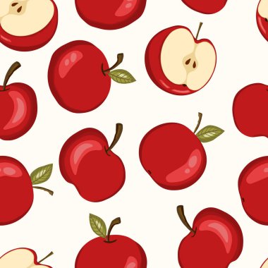 Beyaz arka planda elmalı kusursuz desen. Doğal lezzetli taze olgun meyveler. Baskı, kumaş, tekstil ve diğer tasarımlar için vektör çizimi. Yapraklı elmalar. Yiyecek konsepti