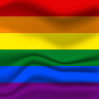Bayrak LGBT kare simgesi, rozet veya düğme. Şablon tasarımı, vektör çizimi. Aşk kazanır. Gökkuşağı renklerinde LGBT sembolü. Eşcinsel gururu kumaş arka planı