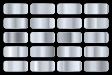 Parlak gümüş hologramlı metalik gradyan koleksiyonu. Holografik folyo dokusu, krom metal oyması. Çerçeve, kurdele, sınır, kapak, pankart ve diğer tasarım için vektör ayarlandı