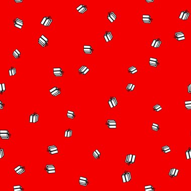 Kırmızı arka planda mevcut olan kusursuz tatil düzeni. Doğum günü için vektör illüstrasyonu, Mutlu Noeller, yeni yıl. Davetiye, poster, kart, kumaş, tekstil için şablon tasarımı. Doodle tarzı