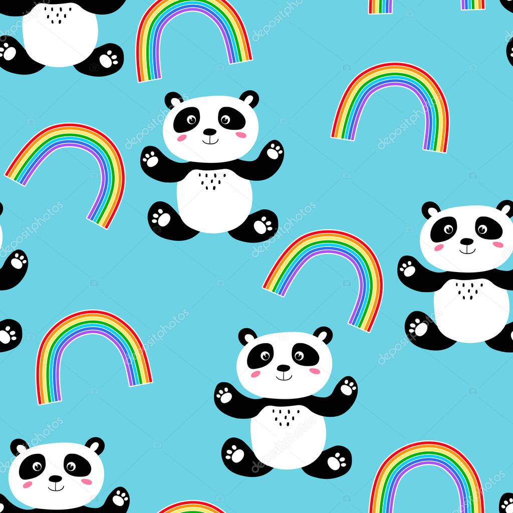 Seamless Pattern With Cute Panda Baby And Rainbow On Color Background Funny Asian Animals Card Postcards For Kids Flat Vector Illustration For Fabric Textile Wallpaper Poster Print Premium Vector In Adobe