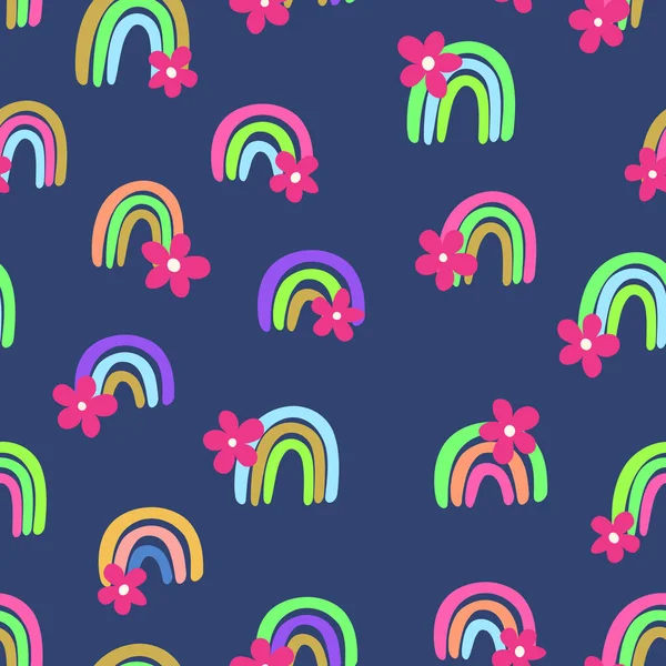 Padrão sem costura na moda com arco-íris colorido, flores no fundo de cor. Design para convite, cartaz, cartão, tecido, têxtil, tecido. Ilustração de férias bonito para o bebê. Estilo doodle — Vetor de Stock