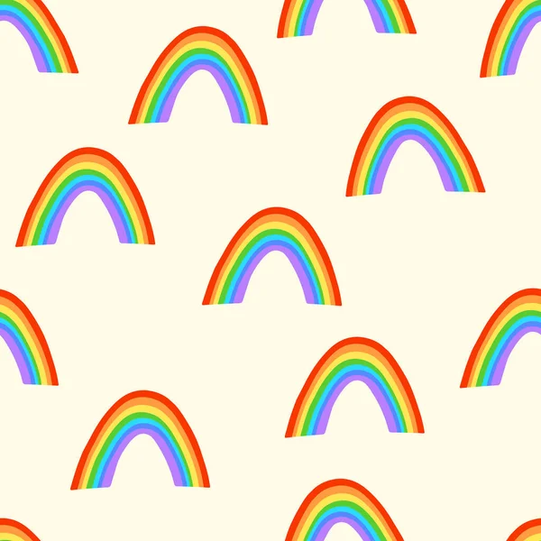 Trendiges nahtloses Muster mit buntem Regenbogen auf farbigem Hintergrund. Design für Einladung, Plakat, Karte, Stoff, Textil, Stoff. Nette Urlaubsillustration für Baby. Doodle-Stil — Stockvektor