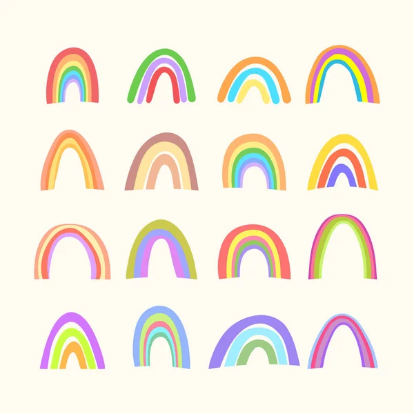 Trendy geïsoleerde kleurrijke met de hand getrokken regenbogen. Ontwerp voor uitnodiging, poster, kaart, stof. Leuke abstracte vakantie regenboog illustratie voor baby. Scandinavische doodle stijl — Stockvector