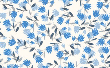 Geleneksel halk sanatları süslerine dayanan kusursuz çiçek desenleri. Işıklı arka planda renkli çiçekler. İskandinav tarzı. İsveç İskandinav tarzı. Vektör çizimi. Basit minimalist desen