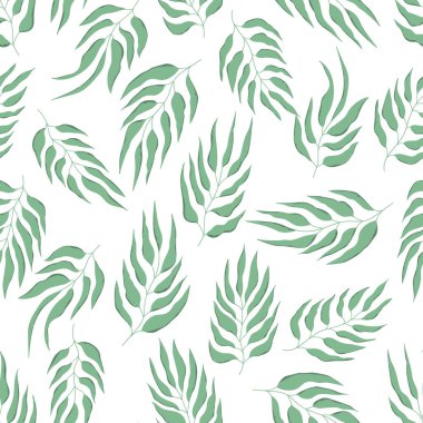 El çizimi yaprakları olan dikişsiz bir çiçek. Güzel bir sonbahar geçmişi var. Tropik yeşil dallar. Modern çiçek kompozisyonları. Duvar kağıdı, poster, kart, kumaş ve tekstil için moda vektör stoku çizimi