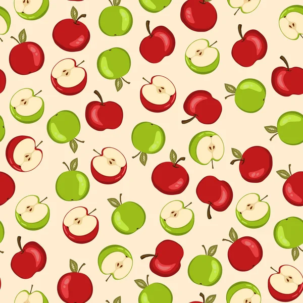 Seamless pattern with apple on white background. Natural delicious fresh ripe tasty fruit. Vector illustration for print, fabric, textile, other design. Stylized apples with leaves. Food concept — Stock Vector