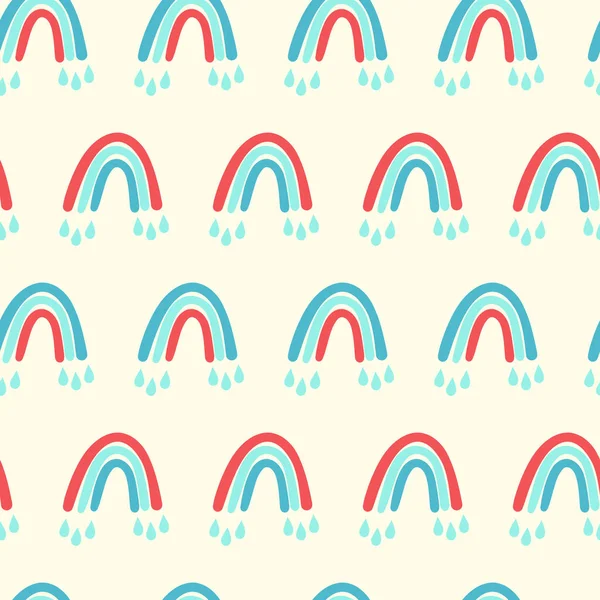 Trendy seamless pattern with colorful rainbow on color background. Design for invitation, poster, card, fabric, textile, fabric. Cute holiday illustration for baby. Doodle style