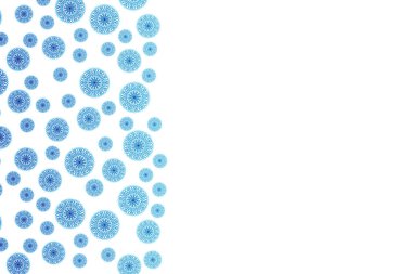 Beyaz arka planda mavi kar taneleri olan bir Noel kartı. İzole kar taneleri ikonu. Boş kağıt şekli. Kış çizgi filmi düz çizim. Uzayı kopyala Tatil şablonu, afiş, çerçeve, tebrik kartı dekoru