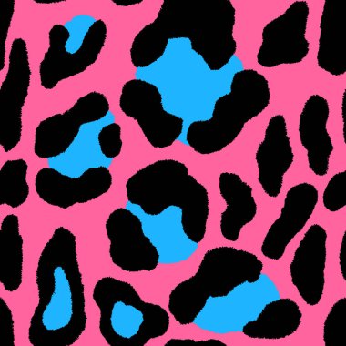 Soyut modern leopar pürüzsüz desen. Hayvanlar modaya uygun arka plan. Parmak izi, kart, kartpostal, kumaş ve tekstil için pembe ve mavi dekoratif vektör çizimi. Modern stilize cilt süsü