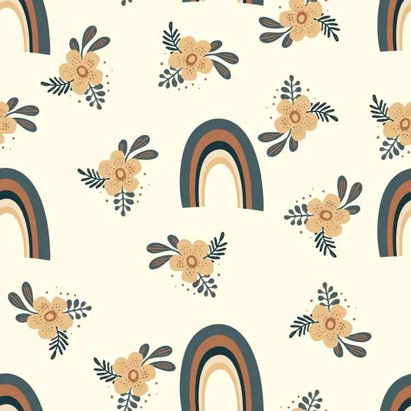 Motif sans couture tendance avec arc-en-ciel coloré, fleurs sur fond de couleur. Conception pour invitation, affiche, carte, tissu, textile, tissu. Jolie illustration de vacances pour bébé. Style scandinave doodle — Image vectorielle