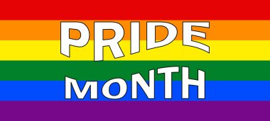 Gökkuşağı arka planında gurur dolu bir ay. LGBT bayrağı. Şablon tasarımı, vektör çizimi. Aşk kazanır. Renkli semboller. Eşcinsel gurur koleksiyonu. Pankart