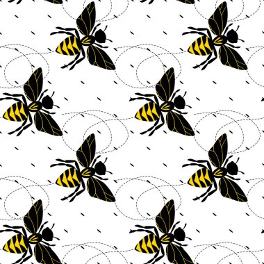 Beyaz benekli arka planda arılar olan kusursuz bir desen. Küçük eşekarısı. Vektör çizimi. Sevimli çizgi film karakteri. Davetiye, kart, tekstil, kumaş için şablon tasarımı. Doodle tarzı
