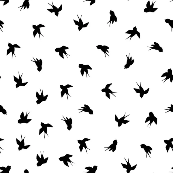Patrón sin costuras con silueta de golondrina negra sobre fondo blanco. Lindo pájaro en vuelo. Ilustración vectorial. Al estilo Doodle. Diseño para invitación, póster, tarjeta, tela, textil — Archivo Imágenes Vectoriales