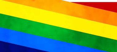 Gökkuşağı arka planında gurur dolu bir ay afişi. LGBT bayrağı. Şablon tasarımı, vektör çizimi. Aşk kazanır. Renkli semboller. Gay gurur koleksiyonu