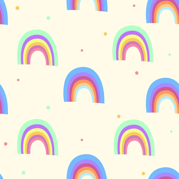 Padrão sem costura na moda com arco-íris colorido no fundo de cor. Design para convite, cartaz, cartão, tecido, têxtil, tecido. Ilustração de férias bonito para o bebê. Estilo doodle — Vetor de Stock