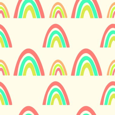 Renkli gökkuşağı renkleriyle renksiz modaya uygun bir model. Davetiye, poster, kart, kumaş, tekstil, kumaş tasarımı. Bebek için şirin bir tatil illüstrasyonu. Doodle tarzı